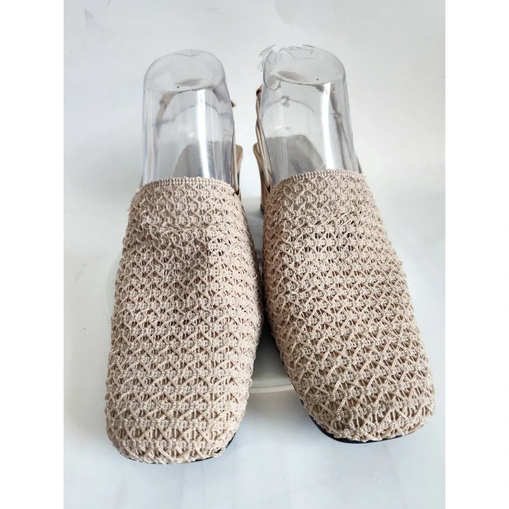 Vintage Crochet Slingback Heels 8.5 Square Toe Beige Neutral Woven Block Heel